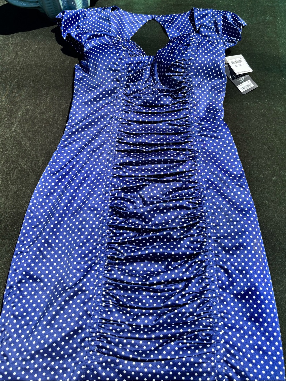 Guess Royal Blue Polka Dot Ruched Midi Dress